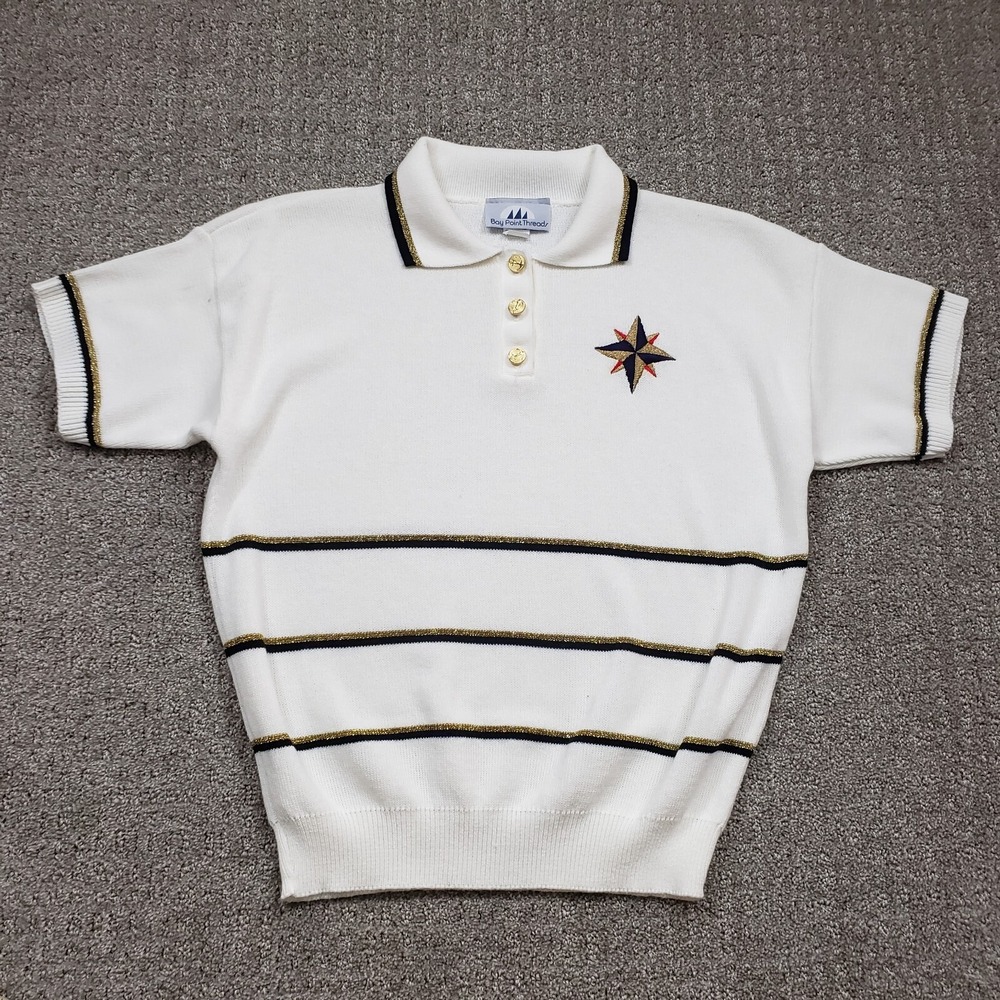 Bay Point‎ Threads Sweater Womens M White Nautical Polo Short Sleeve Vintage 90s